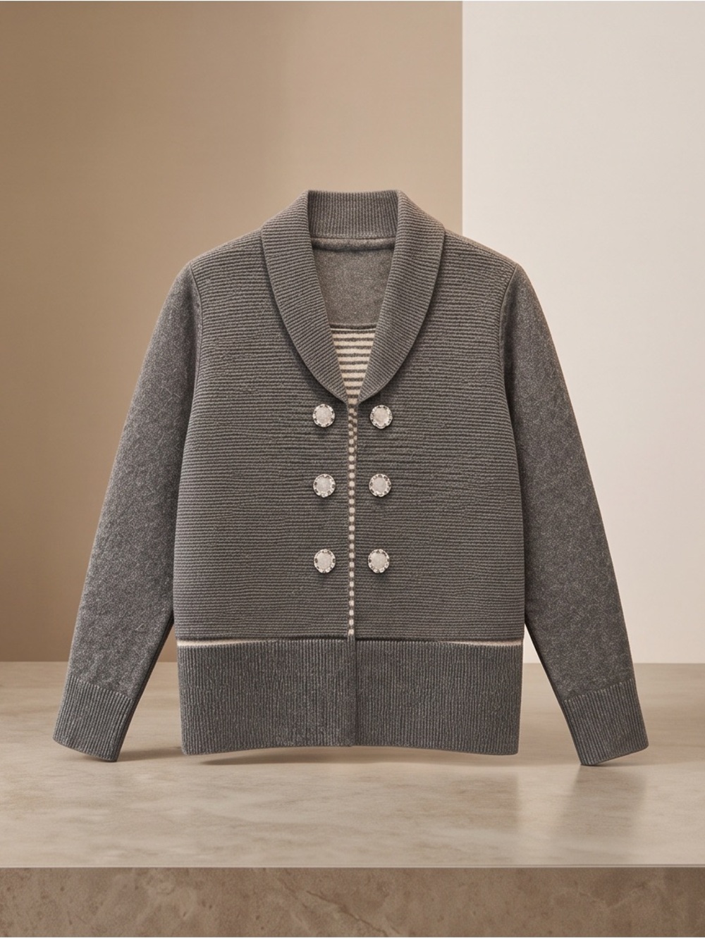 Shawl Collar Double-Breasted Knit Cardigan - Gray